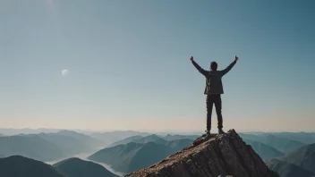 En person som står på toppen av et fjell, med armene hevet i seier.