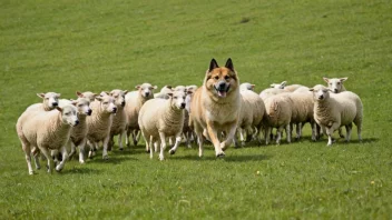 En norsk buhund gjeter sauer i en grønn eng, og viser sine herdingsegenskaper.