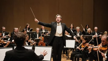 En dirigent står på et podium og leder et orkester i en langsom og uttrykksfull adagio-bevegelse. Musikerne spiller instrumentene sine med følelse og lidenskap.