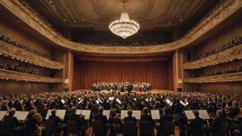 En stor konsertsal med et symfoniorkester som fremfører en musikkavalkade.