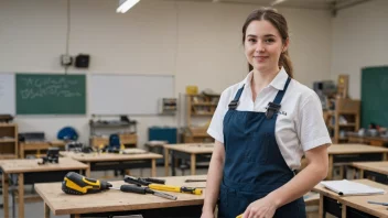 En person i arbeidsuniform, som holder et verktøy eller utstyr, med en bakgrunn av en verksted eller et klasserom.