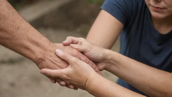 En person med et vennlig uttrykk i ansiktet, som strekker ut en hånd for å hjelpe noen som kjemper eller er i nød.