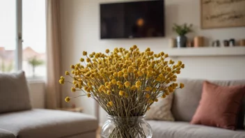 En vakker arrangement av tørkede immortellblomster i en vase, som legger en touch av eleganse til et koselig stue.