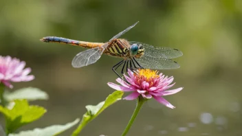 En vakker libelle med skinnende vinger og en lang, slank kropp, sittende på en fargerik blomst.