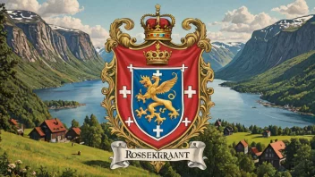 Et norsk adelsfamilievåpen med navnet Rosenkrantz, mot en bakgrunn av et middelaldersk norsk landskap.