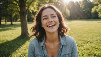 En person med et stort smil på ansiktet, stående utenfor på en solfylt dag med en klar blå himmel