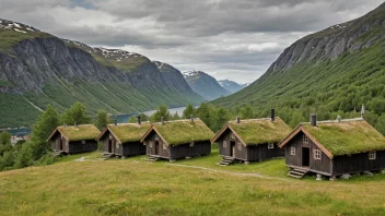 En rekke av tradisjonelle norske fjellhytter, seter, i et naturskjønt landskap med fjell og trær.