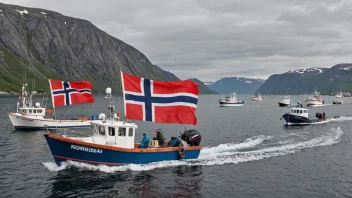 En flåte av fiskebåter på sjøen, med noen fiskere om bord, og et norsk flagg som vifter i vinden.