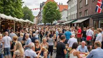 Et levende gatemote i Norge med mennesker som nyter mat, drikke og musikk.