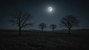 Et mørkt og mystisk landskap med noen trær og en fullmåne på himmelen.