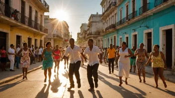 Et fargerikt bilde av en cubansk gate med mennesker som danser og spiller musikk, med en strålende sol som skinner ned.