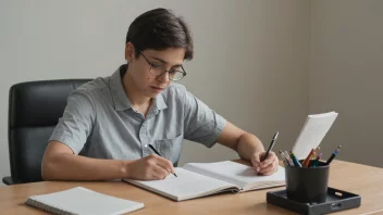 En person sitter ved et skrivebord med en bok og en notatbok, og skriver en tekst som forklarer eller tolker en annen tekst. Personen er omgitt av papirer og bøker, og det er en kopp kaffe på skrivebordet.