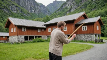 En person holder en bambusstokk, med en tradisjonell norsk bygning i bakgrunnen.