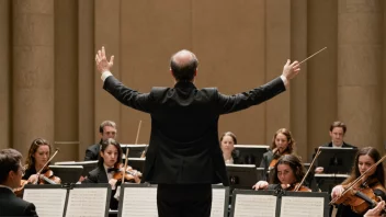 En dirigent som leder et orkester, med fokus på arrangementet av musikk og instrumenter.