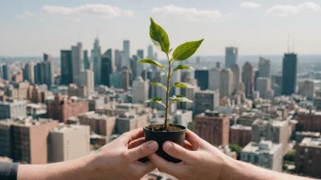 En person som holder en liten plante, med en bysilhuett i bakgrunnen.