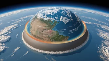 En illustrasjon av jordens atmosfære, som viser lagene og en blå himmel med skyer i bakgrunnen.