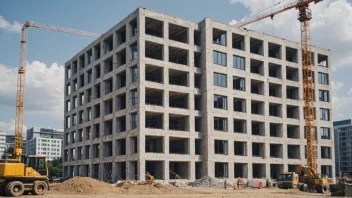 Et stort kontorbygg med glassfasade og en byggeplass med kraner og arbeidere i bakgrunnen.