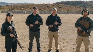 En gruppe mennesker i skyteutstyr, stående i en sirkel og smiler, med en riflebane i bakgrunnen.