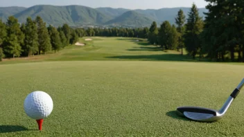 Et fredelig golfbane med en golfball på greenen, omgitt av frodige åser og trær