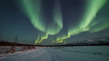 Et bilde av nordlyset på himmelen over et snødekt landskap.