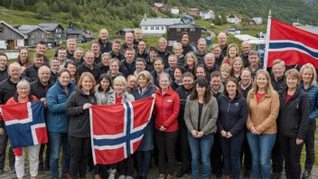 En gruppe mennesker fra ulike organisasjoner samarbeider, med et norsk flagg i bakgrunnen.