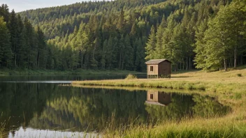 Et fredelig jaktsted med en liten trehytte og en innsjø i bakgrunnen.