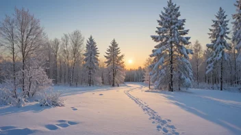 Et fredelig vinterlandskap med snødekte trær og en klar blå himmel, med et hint av varmt lys på horisonten.