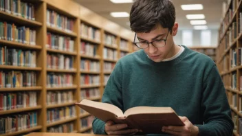 En person som leser en bok, med en diskret bakgrunn av en skole eller bibliotek.