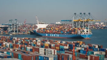 Et containerskip i en travel havn