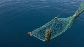 Et flotnet, et nettverk av flytende objekter, er avbildet i sjøen, med flere fiskegarn og akvakulturutstyr festet til det.