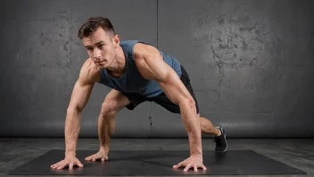 En person i et treningsstudio, som gjør ulike tørrtreningsøvelser som squats, lunges og push-ups.