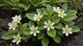 En tiriltunga som vokser i et fuktig område, med sine karakteristiske blomster og grønne blader.