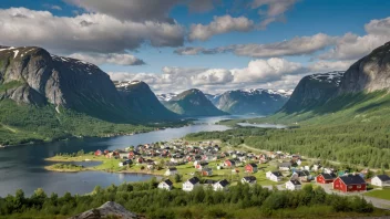 Et idyllisk landskap i Norge med tradisjonelle hus og en fredelig atmosfære.