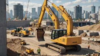 Et bilde av en byggeplass med en stor gul gravemaskin og noen arbeidere i bakgrunnen, med en bysilhuett i det fjerne.