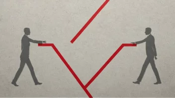 Et bilde av to personer med motstridende synspunkter, med en rød linje eller en vegg mellom dem, som symboliserer konflikt eller motstand.