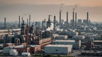 Et bilde av en fabrikk eller industriell anlegg med en bysilhuett i bakgrunnen.