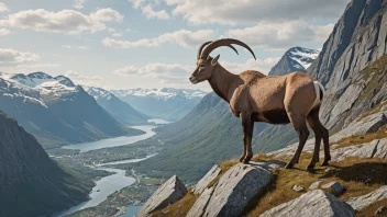 En steinbukk som står på en fjellknaus, med et naturskjønt norsk landskap i bakgrunnen.