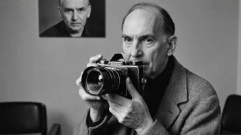 Et sort-hvitt portrett av Ingmar Bergman med et filmkamera i bakgrunnen