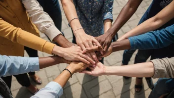 En gruppe mennesker fra ulike bakgrunner og kulturer som holder hender i en sirkel, med et dokument eller en uttalelse i sentrum, som symboliserer solidaritet og enhet.