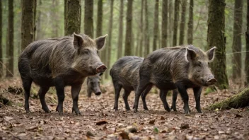 En gruppe villsvin i en skog, med trær og undervegetasjon i bakgrunnen.