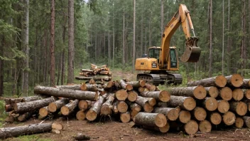 En skog med trær som hogges ned, med fokus på hogstprosessen og utstyret som brukes.