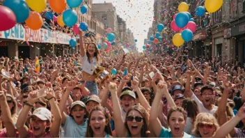 Et fargerikt bilde av en seiersparade med mennesker i alle aldre som feirer og heier.