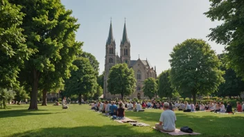 Et fredelig landskap med en kirke eller en katedral i bakgrunnen, omgitt av frodig vegetasjon og noen mennesker som ber eller mediterer i forgrunnen.