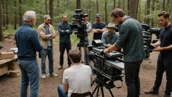 En filmsett med en regissør, skuespillere og mannskap som arbeider sammen for å produsere en film.