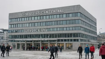 En servicesentralbygning i en by, med mennesker som tilgår ulike tjenester og støtte.