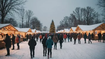 En livlig vinterfestscene med mennesker i alle aldre som nyter snøen og den festlige atmosfæren.