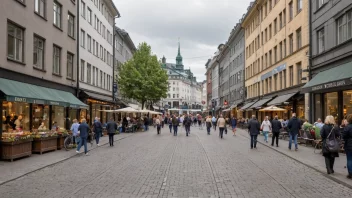 Et travel gatebilde i Oslo, med ulike butikker og restauranter langs gaten. Skiltet 'Bogstadveien' er synlig.