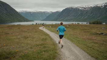 En person løper i forgrunnen, med en subtil bakgrunn av et norsk landskap, som formidler ideen om å være fremst eller foran andre.