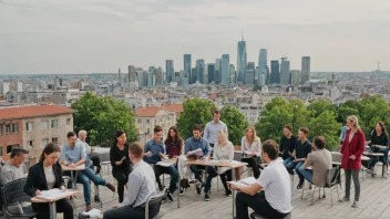 En gruppe mennesker som deltar på et kurs i sentrum av en by, med bygninger og gater i bakgrunnen.