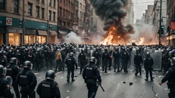 En by i kaos, med mennesker som protesterer og politi i opprørsutstyr.